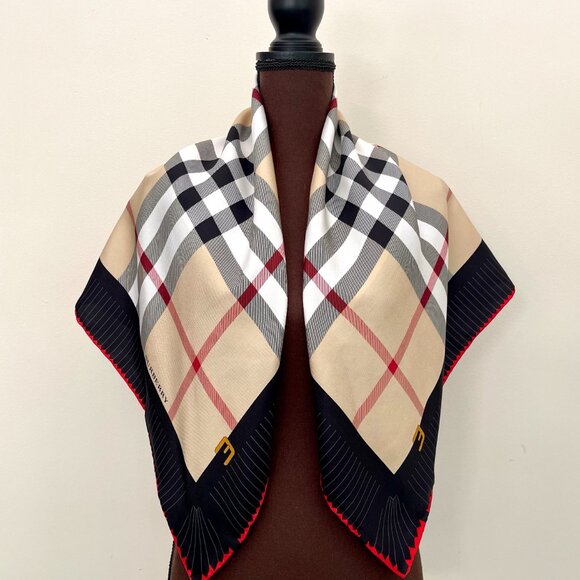 NWT Burberry Scarf Logo Iconic Beige Check Black Red Border Silk Wrap - Picture 3 of 13
